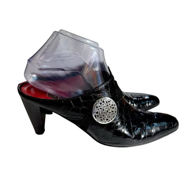 VTG Brighton Romeo Women’s Black Croc Patent Leather Mules Heel Shoes Size 8.5 M - Picture 2 of 13